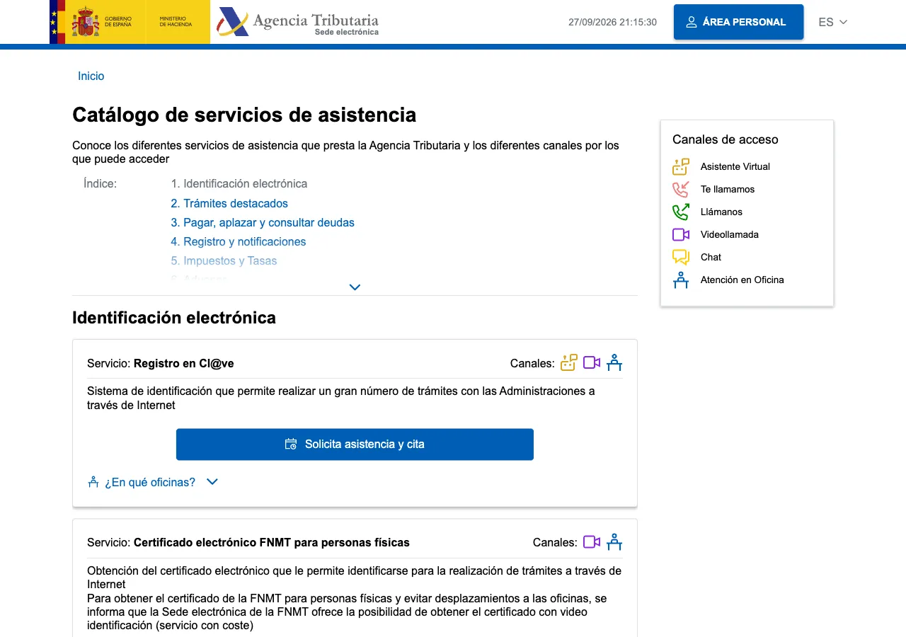 Captura del catálogo de servicios de asistencia de la Agencia Tributaria, sin Reforma Digital.